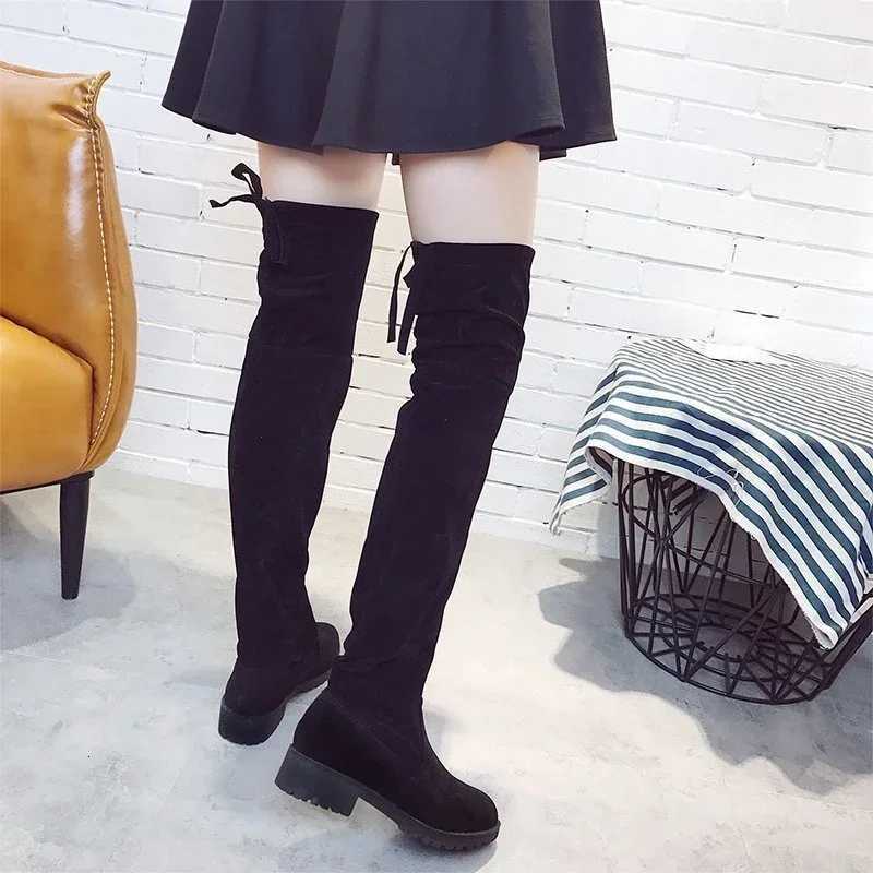 Autumn Faux Suede Women Heels Zipper Elastic Knee High Boots Women Tube Laceup Thigh Gigh Boots Black Botas Mujer Female Z251029