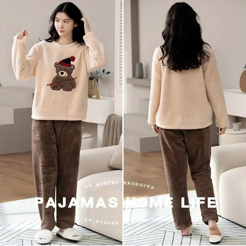 2 Piece Set Thickened Long Sleeve Trouser Set Couple Loungewear Women Flannel Cartoon Bear Gray TwoPiece Set Sleepwear Homewear 251029