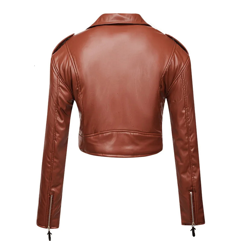 Women slim short leather jacket plus cotton high waist long sleeve lapel diagonal zipper leather jacket pu motorcycle suit 251029