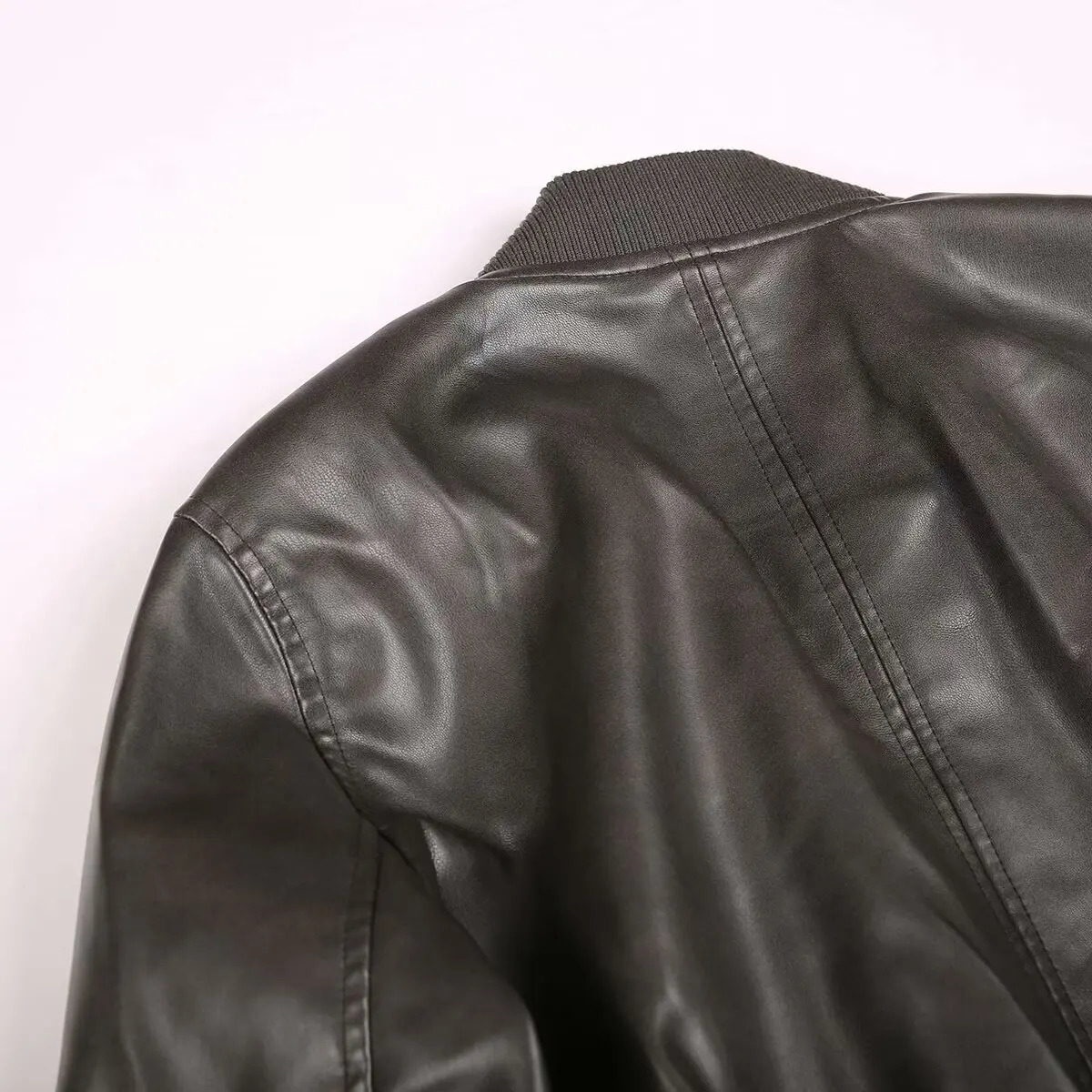 BSKTRAF Girl Stand Collar Distressed Faux Leather Bomber Jacket 2025 Womens Fashion Leather Jacket 251028