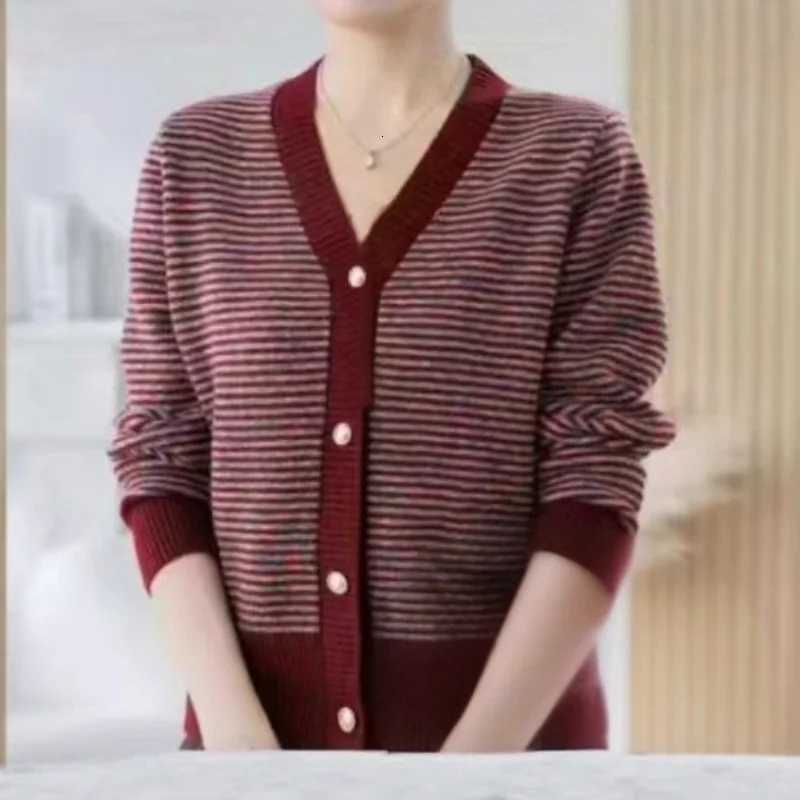 New Contrasting Striped Vneck Sweater Womens Loose Casual and Versatile Sweater Jacket Cardigan TopT251028