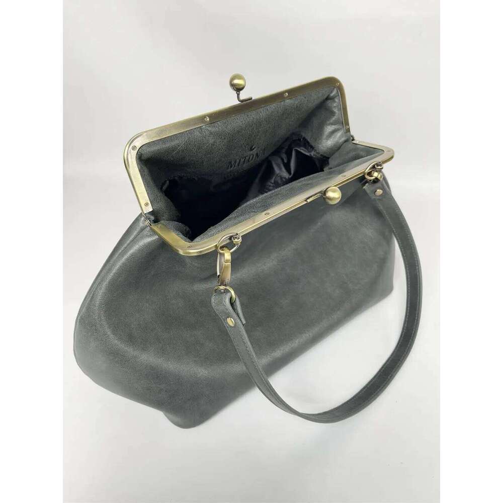 LOST IN VINTAGE Artificial Leather Bag Natural Stones Balls Kiss-Lock Large Clutch Handbag Proudly Carried In Hand 35X30x20cm