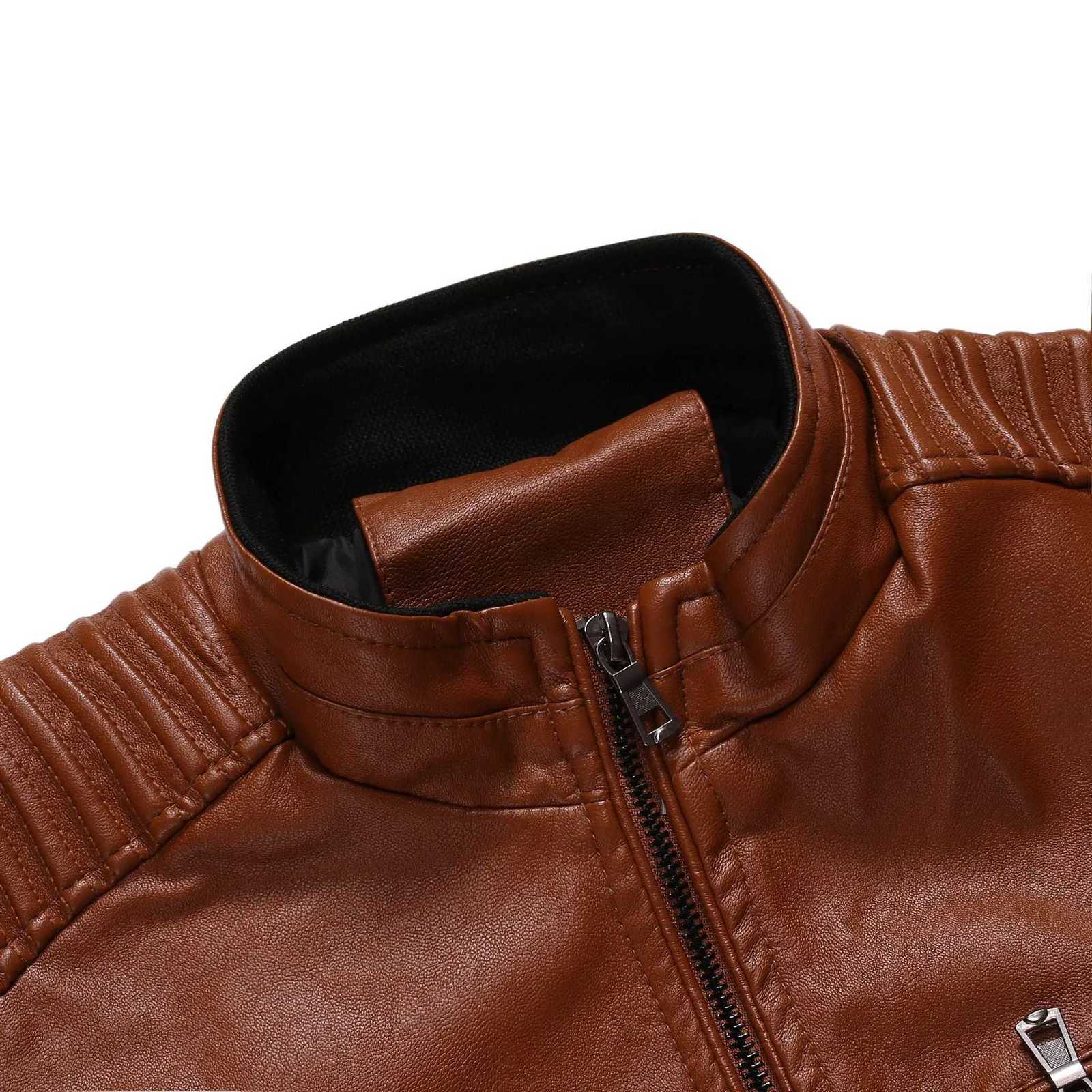 Autumn New Men Coat Solid Colors Leather Coats Stand Collar Motor Slim Multi Pockets Jackets Male Classic Leather JacketT251029