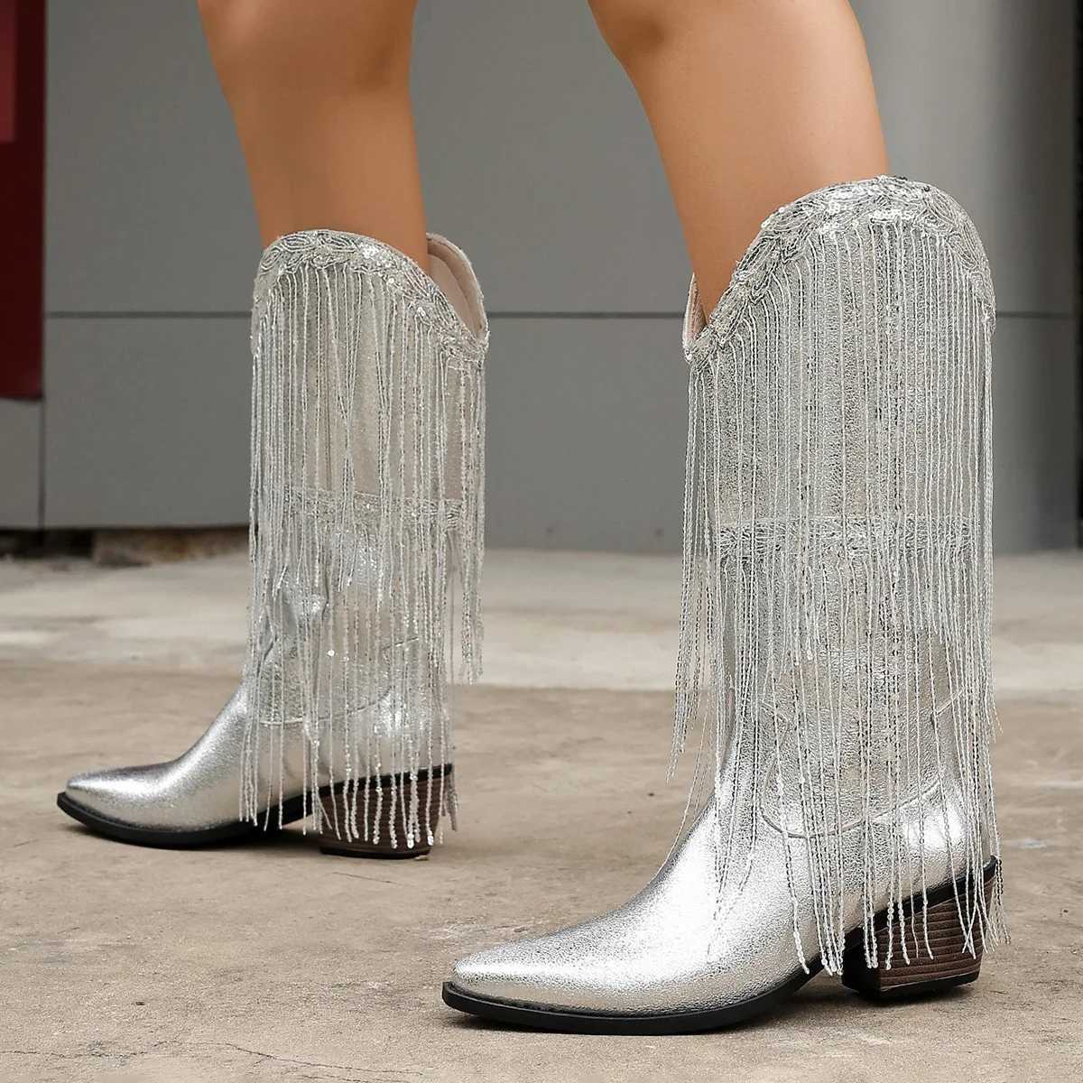 Women Vintage Brown Western Cowboy Boots Autumn Winter Tassel PU Leather Ankle Booties Ladies Pleated Highheeled Midcalf Boot Z251029