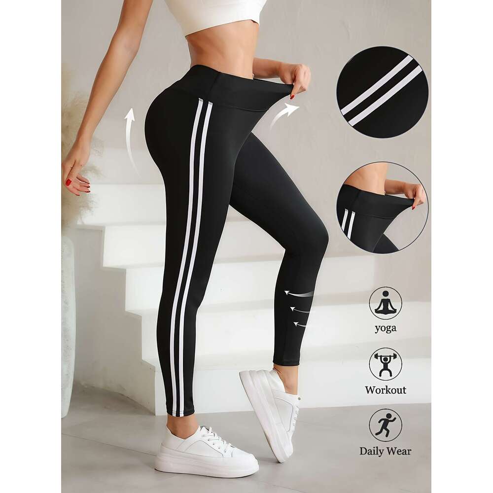 3Pcs High-Waist White Side Stripe Yoga - Soft, Stretchy Athletic Leggings For Running, Fiess, Breathable & Durable With Elastic Waistband, Cycling Pan