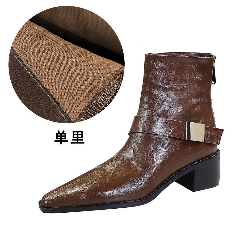 Pointed Toe Stylish Designer Shoe Winter Mid Calf Short Boots Chunky Heel with Metal Buckle Riding