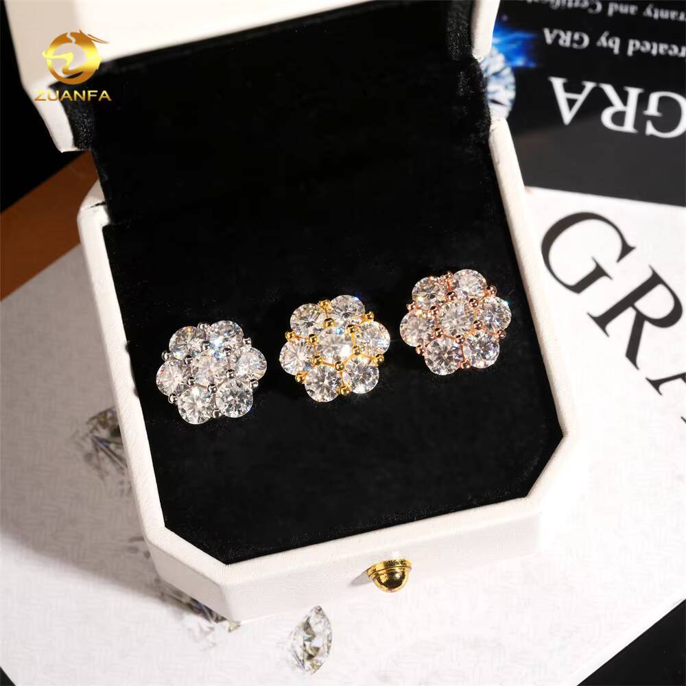 15mm 925 Silver Flower Cluster Moissanite Earrings 925 Sterling Silver Moissanite Diamond Screw Back Earrings