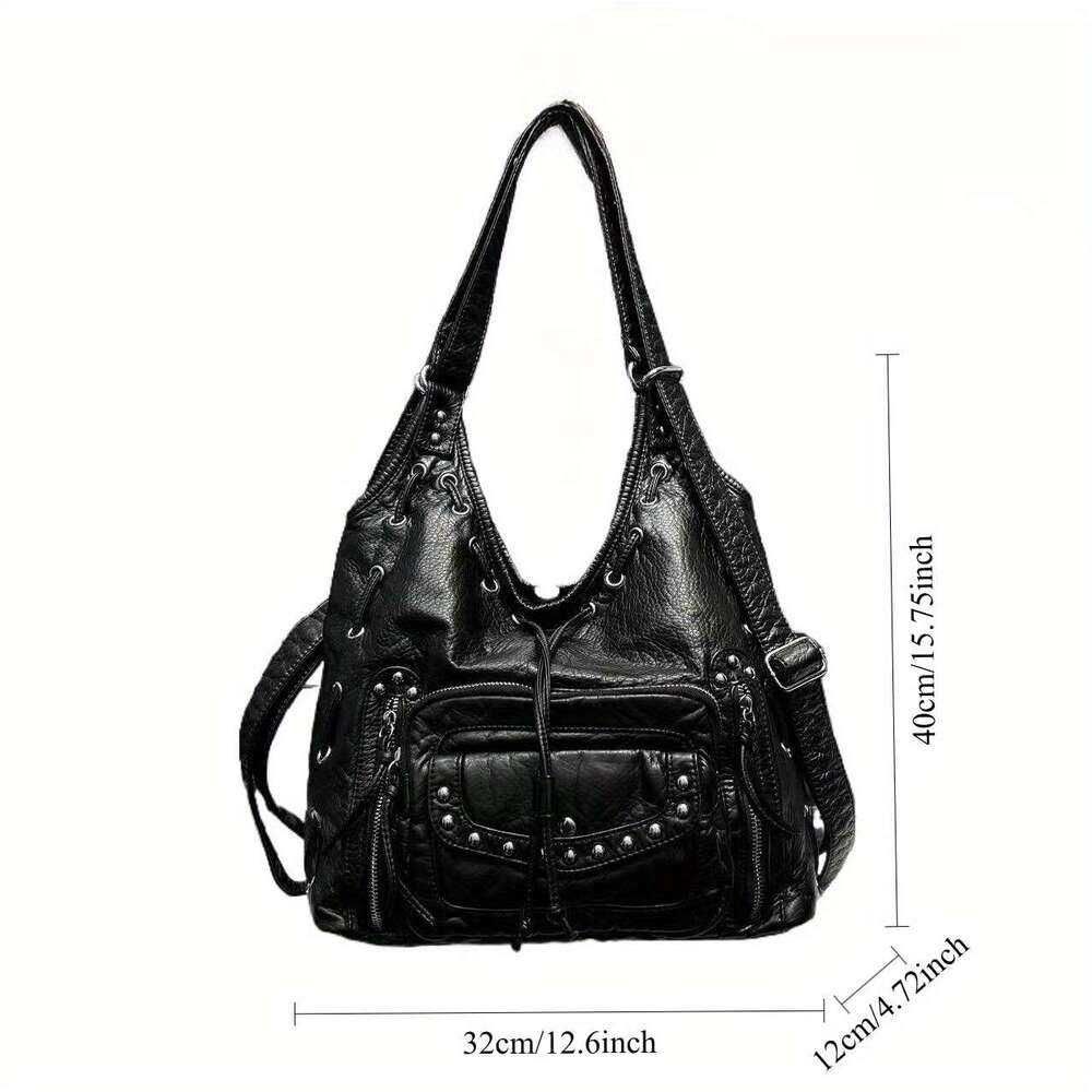 Large Capacity Crossbody Retro Purse With Multiple Zippered Pockets, Detachable Strap Edgy Gothic Handbag Women, Vegan Synthetic Leather