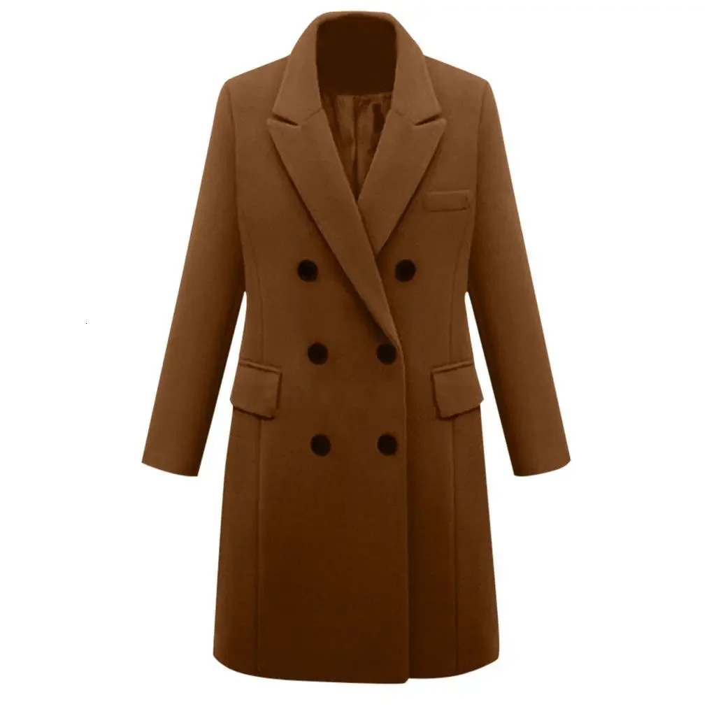 MidLength Woolen Womens Coat DoubleBreasted Woolen Coats Trench Solid Color Autumn Winter Warm Outwear 251029
