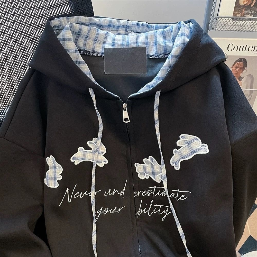 American fashion retro embroidered letter gray hoodie unisex designer couple cardigan cool jacket