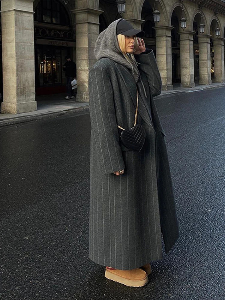 Retro Striped Lapel Woolen Long Coat Women Casual Loose Dark Grey Oversize Coats Female Winter Elegant Chic Streetwear 251028