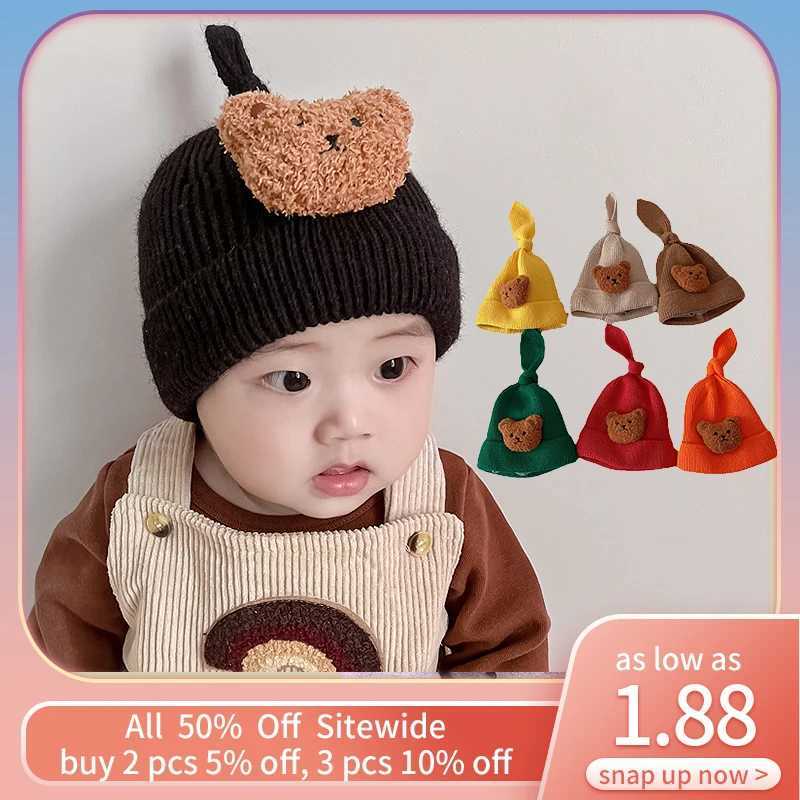 Cartoon Bear Baby Beanie Soft Woolen Toddler Knitted Hat Autumn Winter Warm Newborn Skullies Cap Solid Color Kids Crochet Bonnet251028