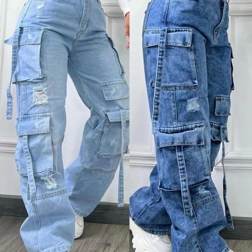 2025 Fashion Pure Color Casual Workwear Denim High Waist Multi Pocket Loose Fit Womens Jeans Versatile plus Size 251029