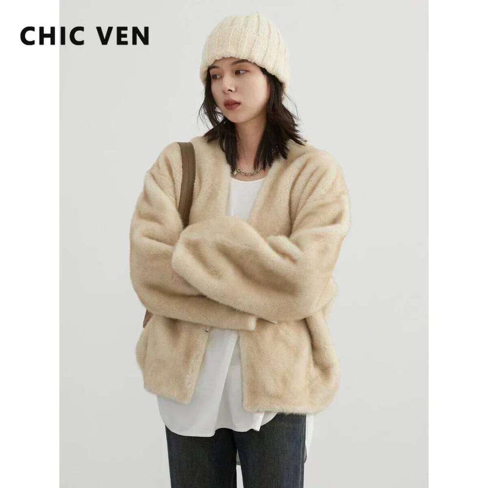 CHIC VEN Women's Jacket Loose Casual Solid Overcoat New Female Plush Coat V-Neck Woman Outerwear Autumn Winter 2023