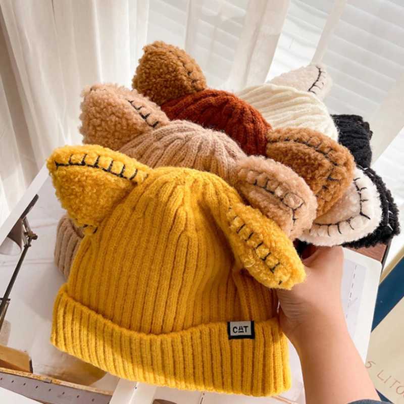 Solid Color Baby Winter Hat Kids Thicken Woolen Knitted Beanie Cartoon Cat Ear Girls Children Cold Proof Warm Ear Protection Cap251028