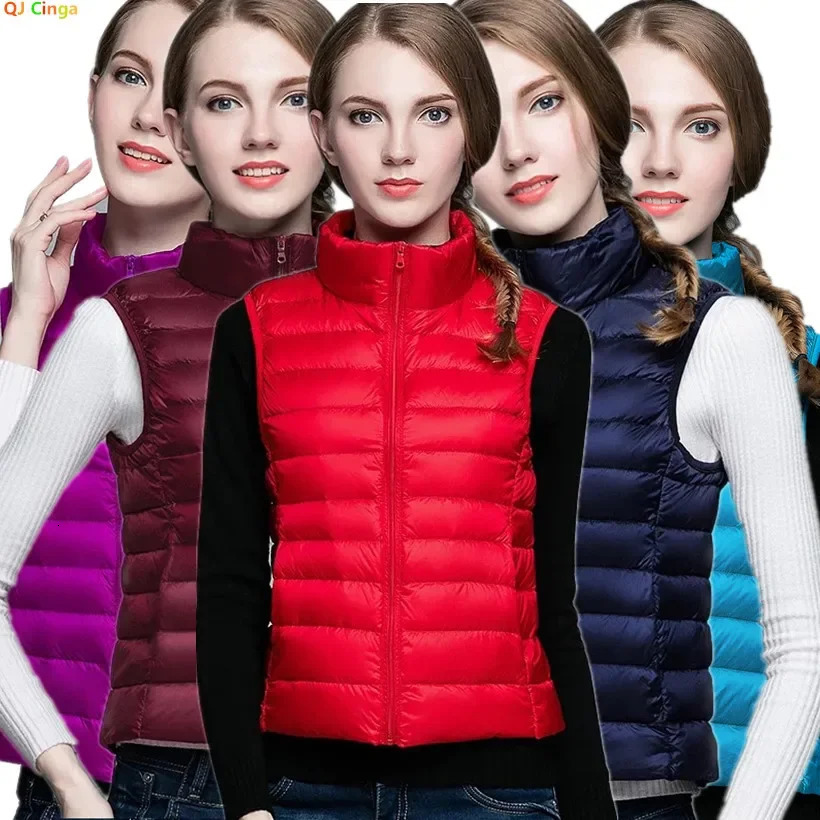 Red Collar Womens Lightthin Sleeveless Vest Jacket Fashion Short Female Vests Blue Khaki Green Black Waistcoat Asian Size 251027