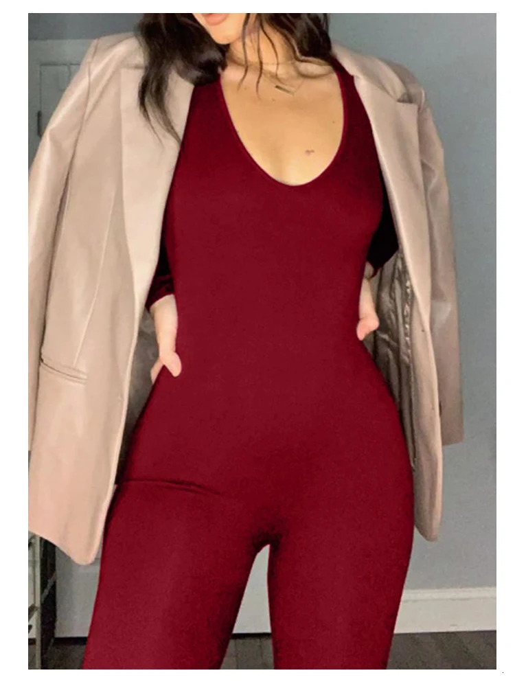 Spring Summer Womens Long Sleeve Solid Color Skinny Jumpsuit Fashion Sports Fitness Pullover Casual Wear 251029
