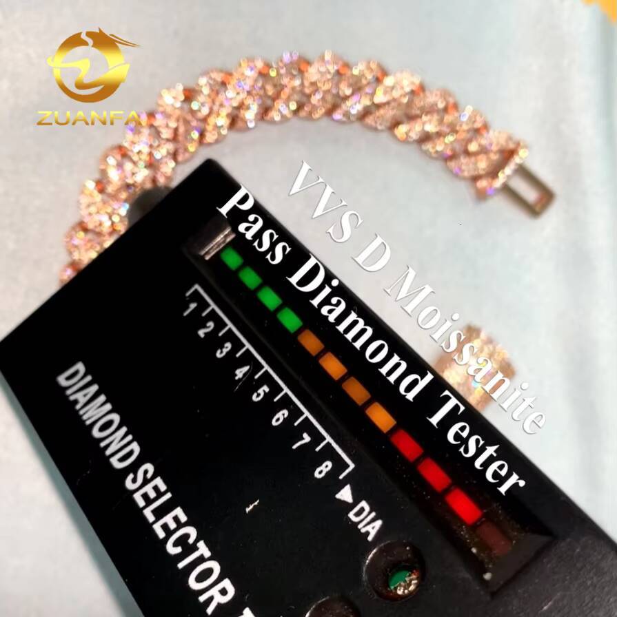 Real Gold Plated 10mm Moissanite Chain Cuban Links Prong Chain Pass Diamond Tester 925 Silver Cuban Link Chain Necklace