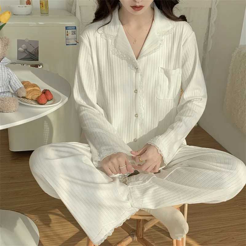 High Quality Korean White Pajamas For Women Sweet Lace Cotton Sleepwear Set Long Sleeve Autumn Winter Home Wear Pijamas SuitT251029