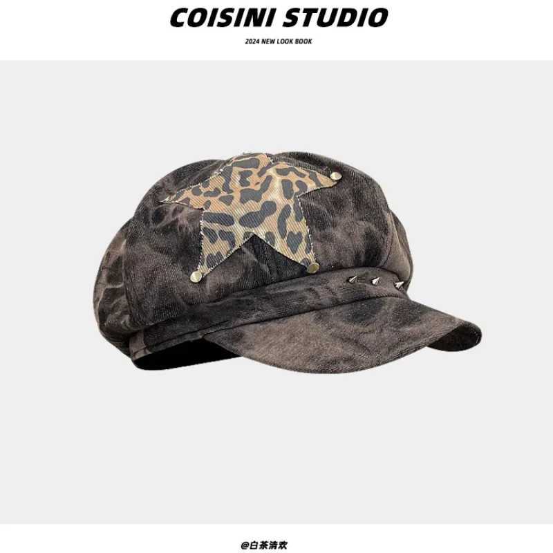 Y2K Personalized Star Sticker Rivet Design Berets Caps for Women Spring and Autumn Fashion Versatile Retro Tiedye Newsboy Hats