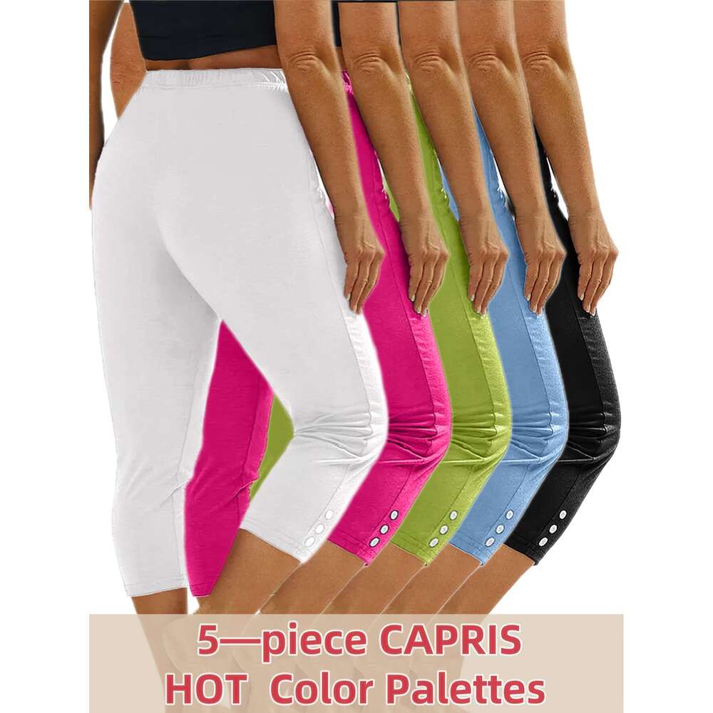 5pcs Plus Size Women's Capri Leggings - High Stretch, Solid Color with Button Detail, Perfect for Yoga & Running