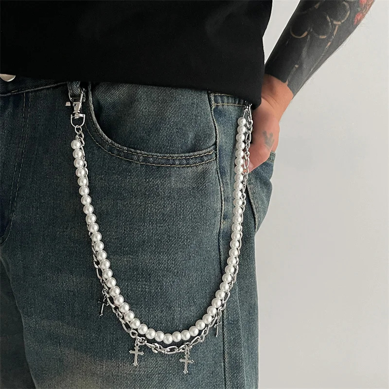 Vintage Punk Pearl Cross Pants Waist Chain Men Cool Jeans Keychain Wallet KeyChains Gothic Biker Accessories 251021