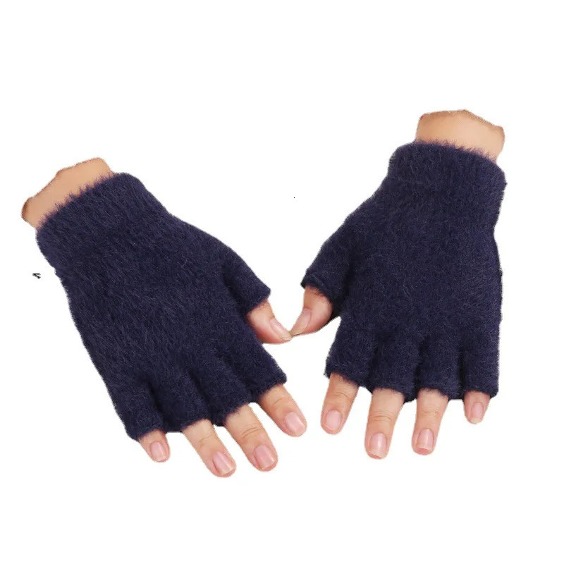 Winter Warm Knit Gloves Half Finger Men Women Thermal Gloves Autumn Solid Color Adult Writing Office Thick Elastic Plush Gloves 251029
