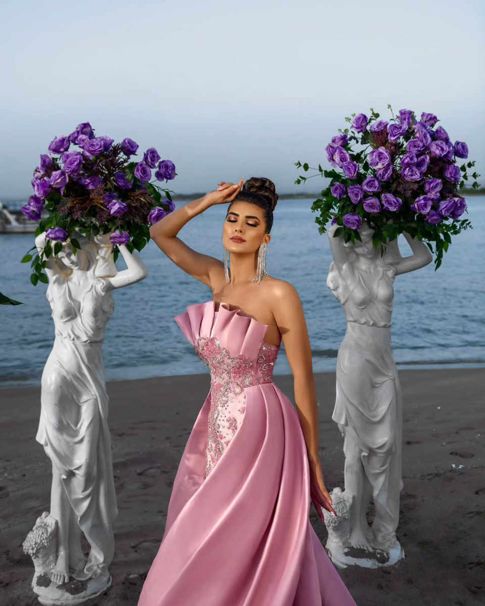 Elegant Mermaid Evening Dresses With Detachable Train Strapless Sleeveless Sequined Crystal Prom Party Gown Customized