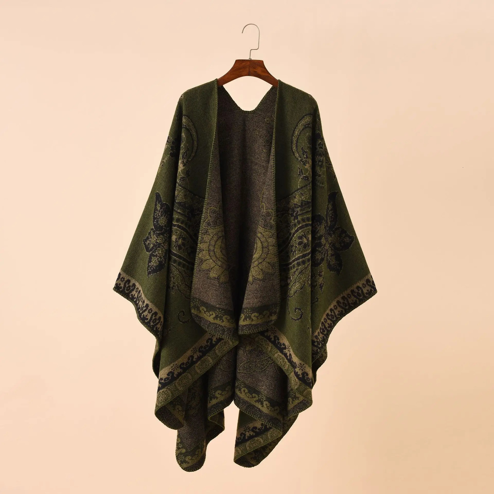 2025 Autumn Winter Street Geometric Lattice Flower Pattern Cashmere Warm Shawl Cloak Women Poncho Capes Red 251029