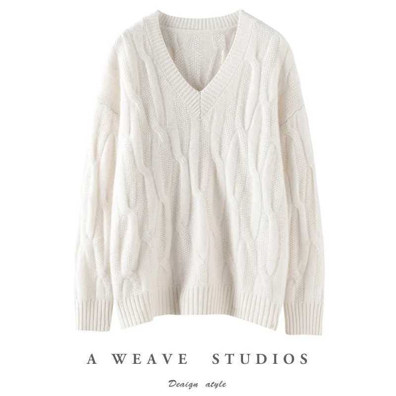 Ladies Loose Fit VNeck Knitted Wool Sweater Thick Lazy Style Australian Pure Wool Long Sleeve Autumn Winter New Arrival J251029