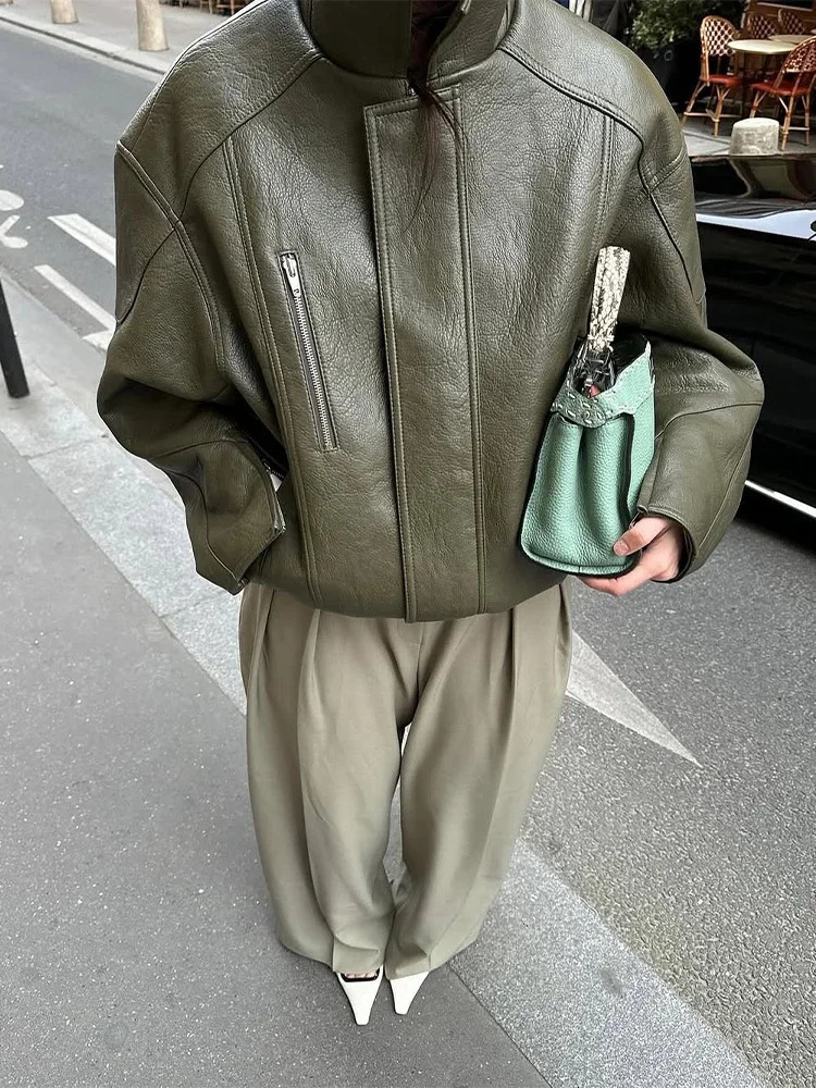 Women Army Green Leather Jacket Lady Lapel Coller Long Sleeve Zipper Loose Fashion Coat 2025 Autumn Outerwear Daily Street Coats 251029