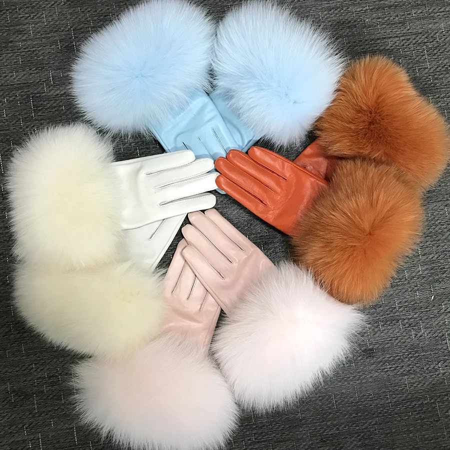 Real Sheepskin Fox Fur Gloves Womens Genuine Leather Glove Winter Warm Fashion Style Natural Fluffy Fox Fur Oversized Customize 251029