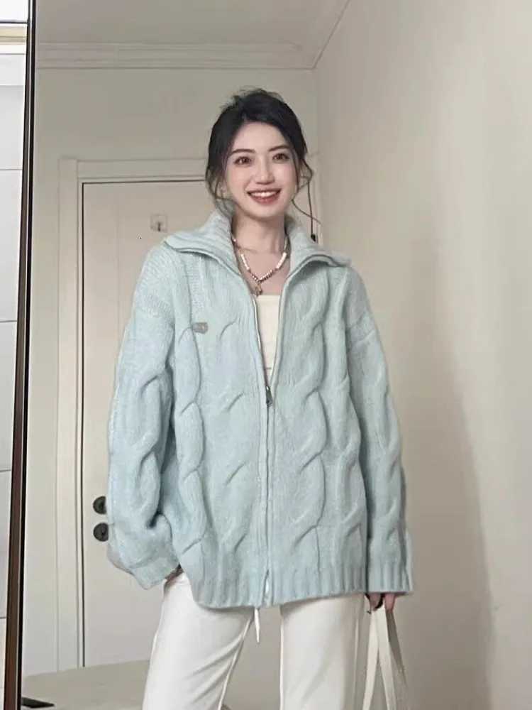 Women American Retro Blue Knitted Sweater Autumn Winter Casual Solid Y2k Cardigan Coat Ladies Sweet Fashion Outwear Tops NewT251028