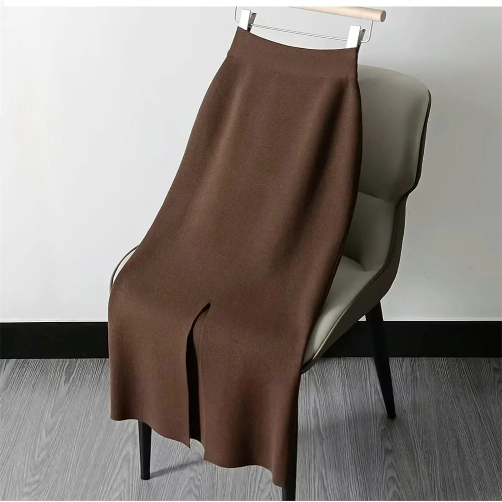Autumn and Winter Oversized Knitted Pencil Skirt Womens One Step Skirt High Waist Slimming Long Skirt Split Wool Straight Dress 251028