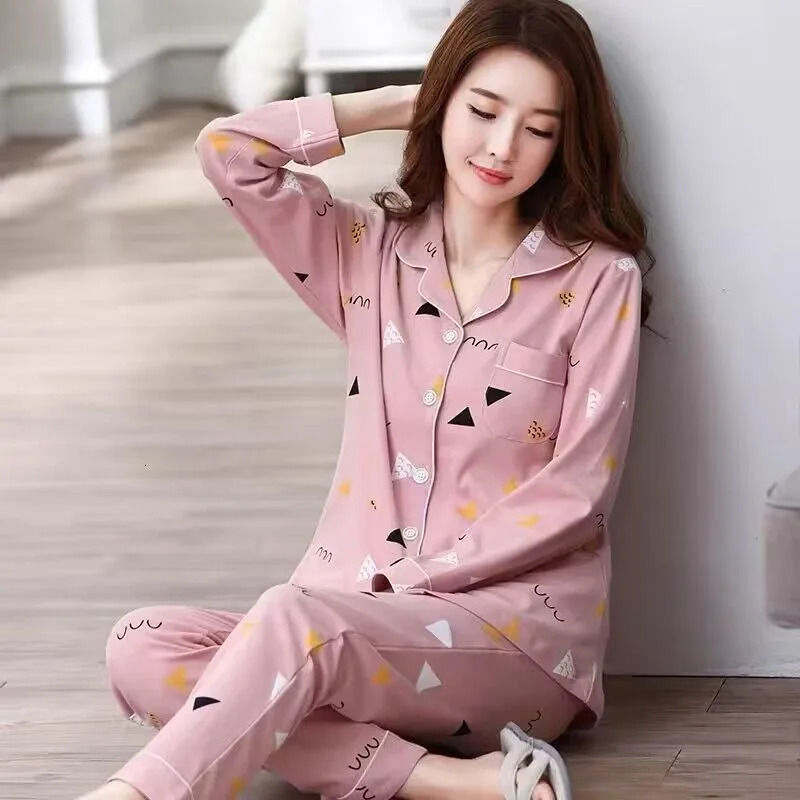 High Quality Large Size Women Cotton Pajamas Button down Tops and Trousers Set Sleepwear Homewear Printing Nightwear Loungewear 251029