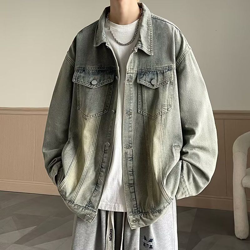 Men's Denim Jacket Spring Autumn Trendy American High Street Jacket Men's Turn-down Designer Jacket Collar Cool Loose Casual Coat Top