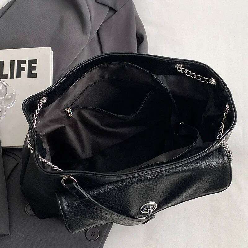 Female Large Black Tote Handbag Multi Pocket Ladies Metal Chain Shoulder Bag Soft Pu Leather Women's Serviceable Crossbody Bags 251029
