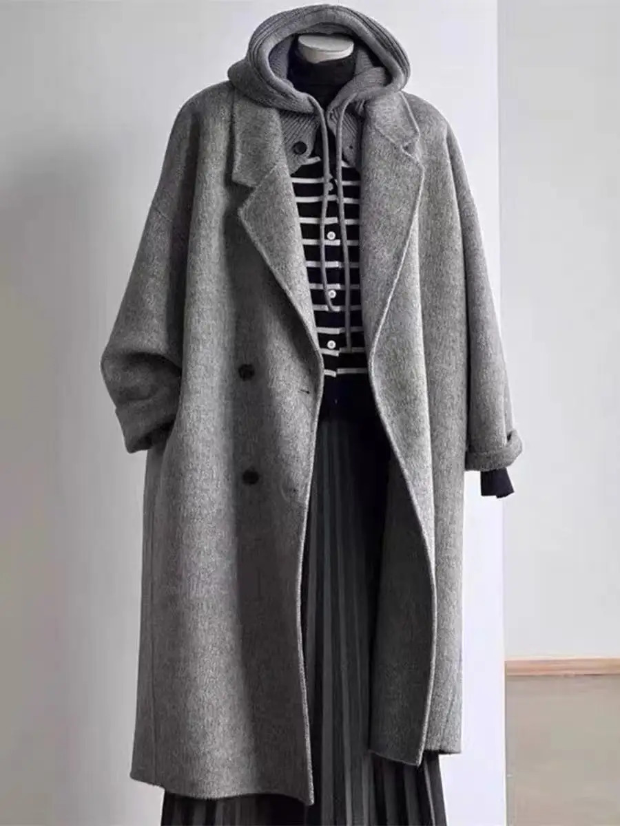 Dark Gray DoubleSided Woolen Coat For Women In Autumn And Winter Hepburn Style HighEnd Mid Length Jacket 251028