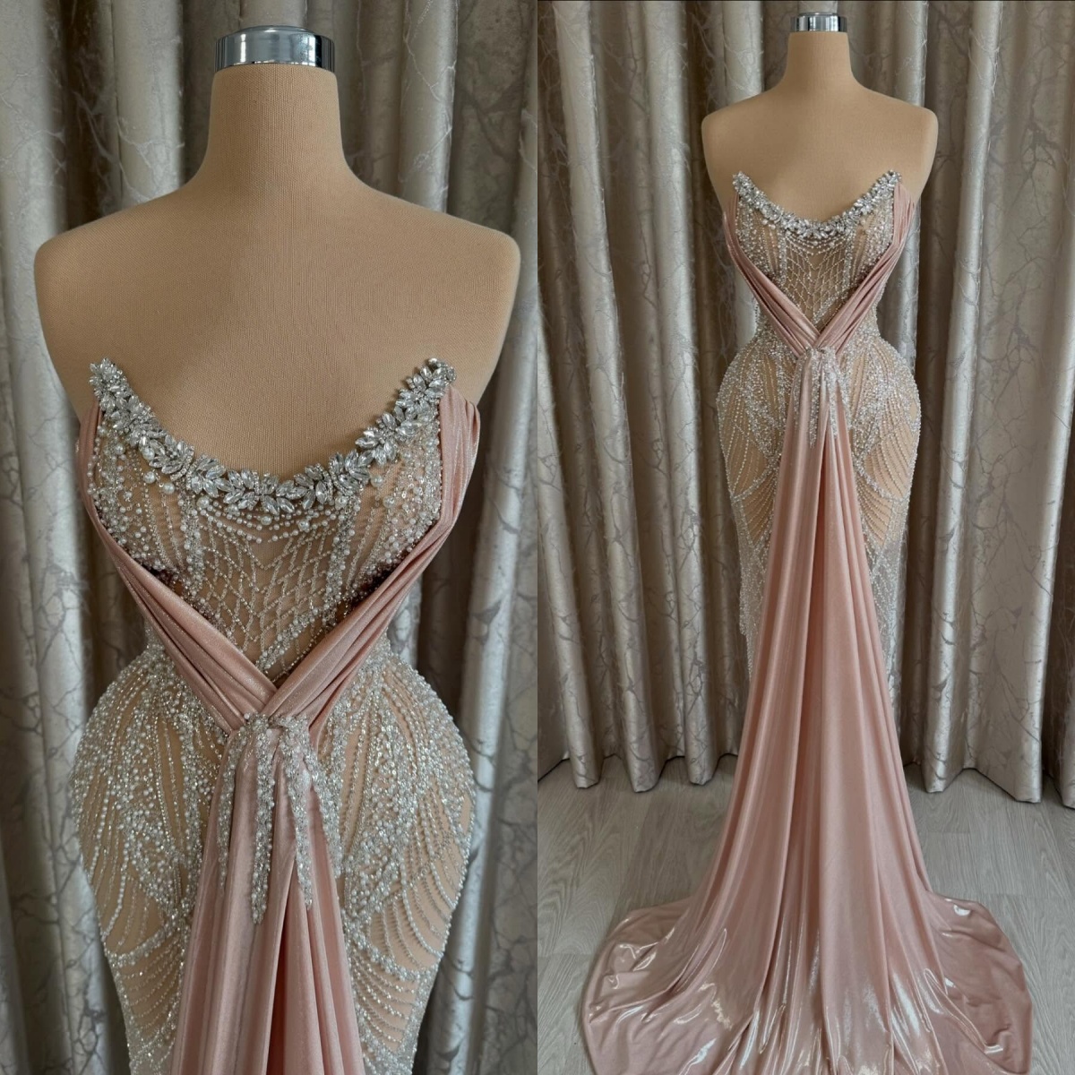 Fashion Crystal Evening Dresses Pearls Prom Gown Strapless Mermaid Illusion Sleeveless Party Dress Customized Vestidos De Noche Plus Size