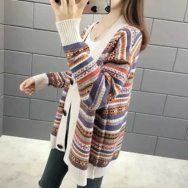 Ethnic Striped Cardigan Womens Autumn and Winter 2023 New Korean Version Loose Sweater Knitwear Elegant Womens CoatT251028