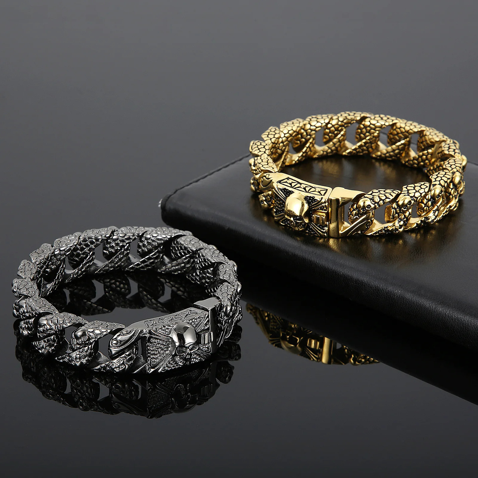 Fongten Gothic Mens Bracelets Stainless Steel Skull Franco Curb Chain Bracelet For Men Multiple Color Skeleton Armband Jewelry 251028