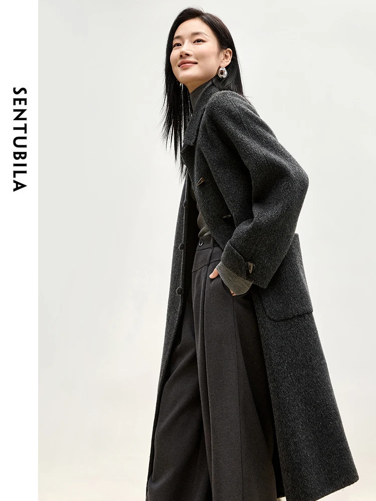 SENTUBILA Womens Long Coat 100 Wool Winter Elegant Outerwears Bull Horn Buckle Big Pockets Warm Woman Overcoat W44O55978 251028