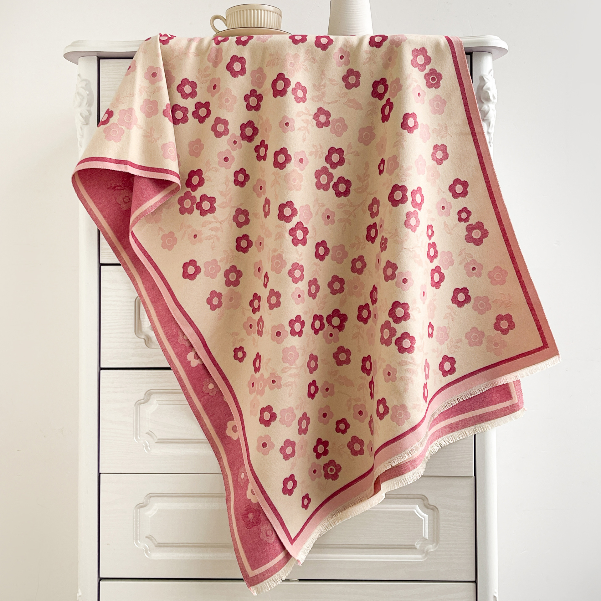 Double-Sided Classic Faux Cashmeres Scarf For Women With Floral Splintered Color And Thick Jacquard Shawl