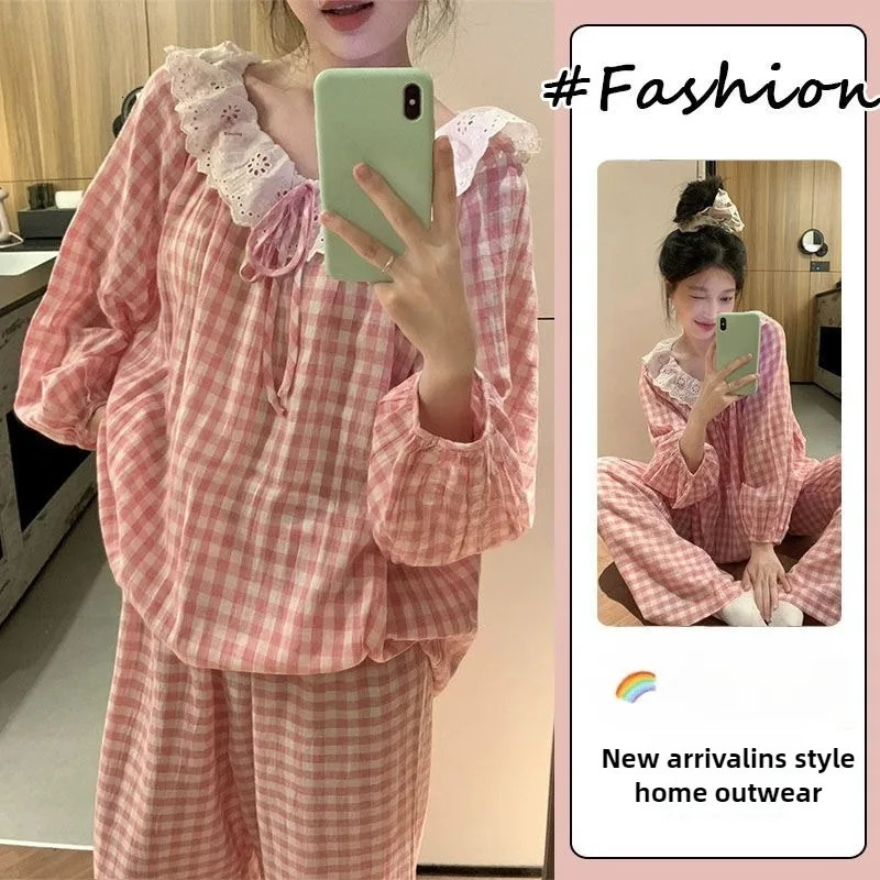 Sweet Large Collar Lace Trim Pajamas for Women with Plaid Long Sleeves and Pants Student Home Wear Size 2 Piece Set 251029