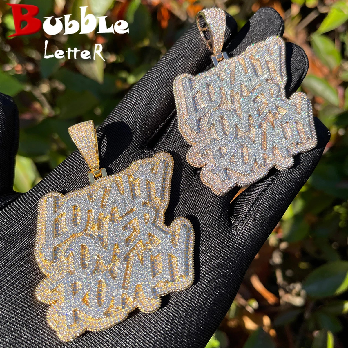 Bubble Letter Iced Out Bling CZ Loyalty Over Royalty Pendant Necklace Cubic Zirconia Two Tone Color Charm Men HipHop Jewelry 251029