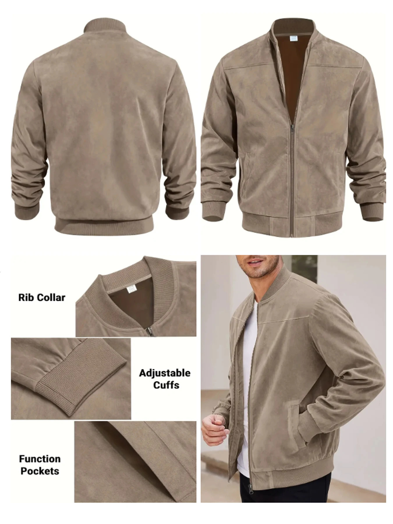 Mens suede nap fabric casual jacket Round neck zipper Solid color Sport Bomber Jacket Casual edition sports and golf fashion 251029