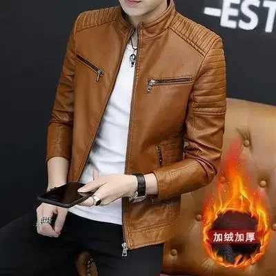 Autumn Winter Stand Collar Loose Casual PU Lether Jacket Male Add Velvet Warm Zipper Coat Men Trend Fashion Cardigan Top OutwearT251029