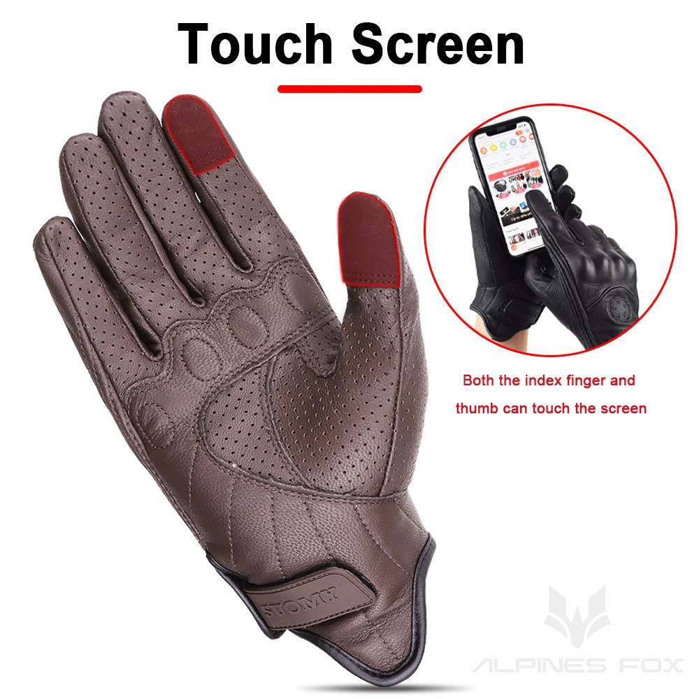 SUOMY Summer Perforated Motorcycle Gloves Retro Brown Real Leather Cafe Racer Motorbike Touchscreen Scooter Guantes 251013
