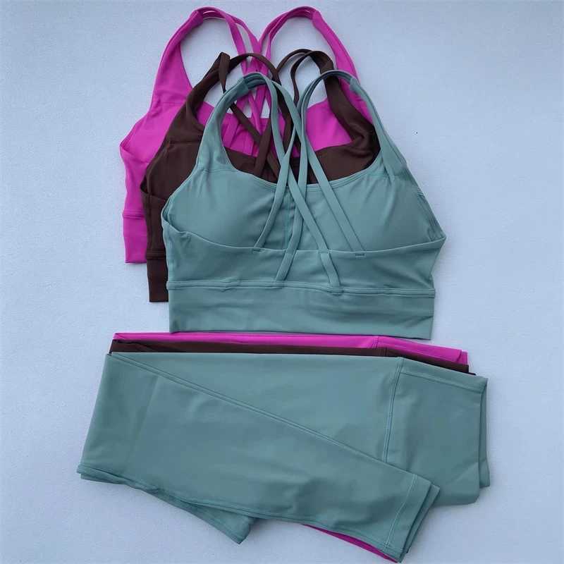 Solid Color Gym Fitness Set Tight Soft cross Fitness Bra 2pc compression High Waist Yoga Legging Suit Comprehensive Training JogXJ251029