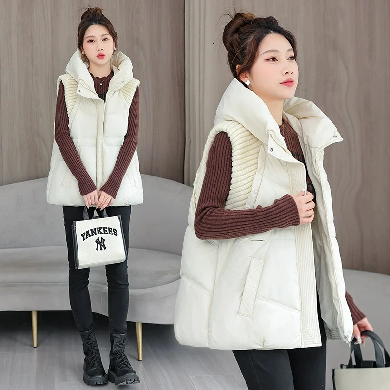Down Cotton Vest Women Autumn Winter Knitted Stitching Hooded Sleeveless Casual Cottonpadded Jacket Waistcoat Ladies Tops 251027